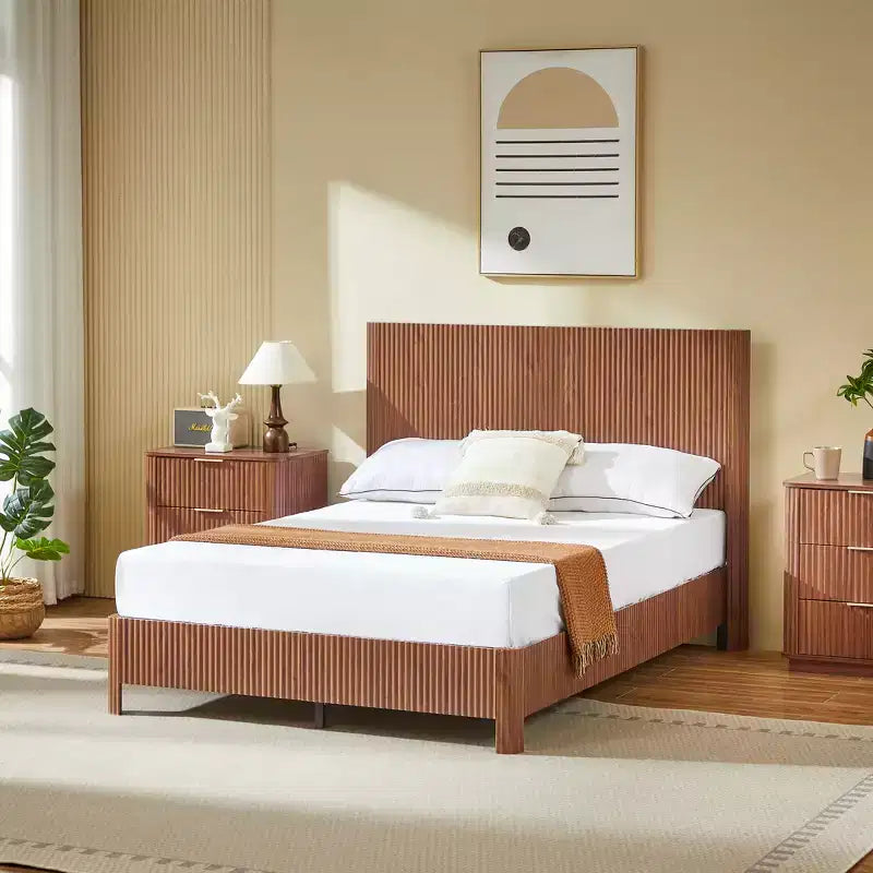 Full/Queen/King Size Wood Platform Bed Frame with Corrugated Accents - ModernLuxe