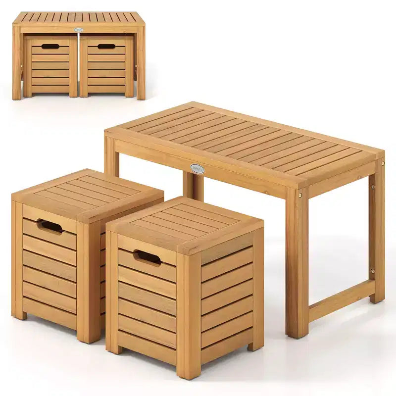 Costway 3PCS Patio Rectangular Table and Stools Set with Hidden Storage Space for Balcony