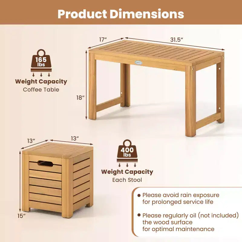 Costway 3PCS Patio Rectangular Table and Stools Set with Hidden Storage Space for Balcony