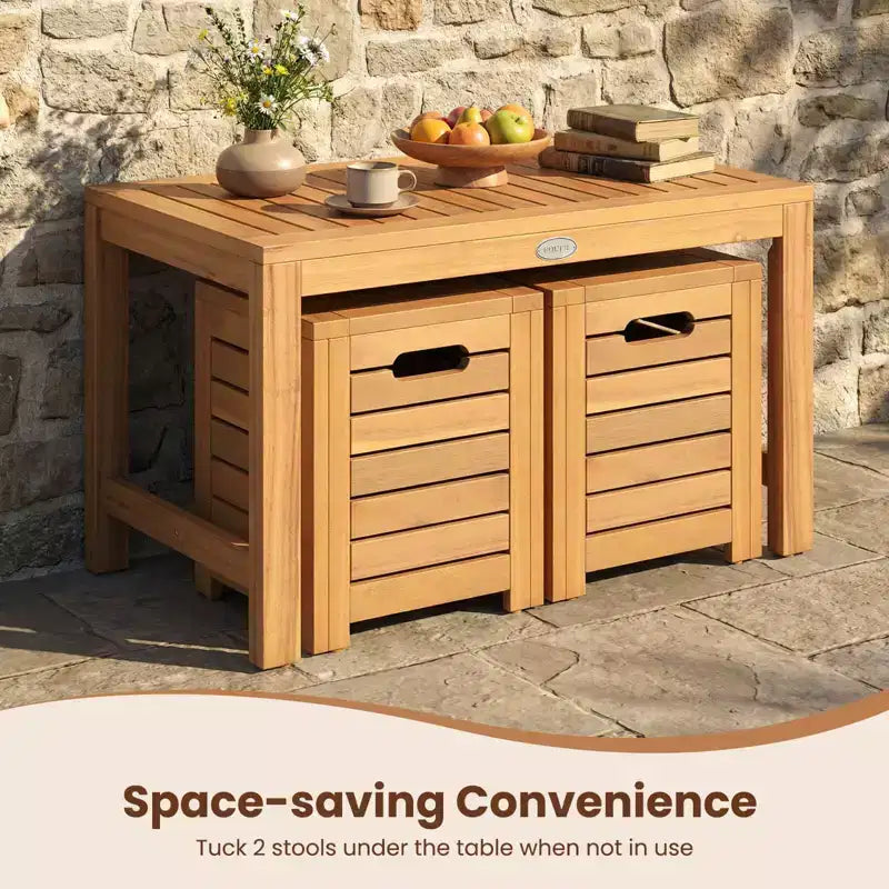 Costway 3PCS Patio Rectangular Table and Stools Set with Hidden Storage Space for Balcony