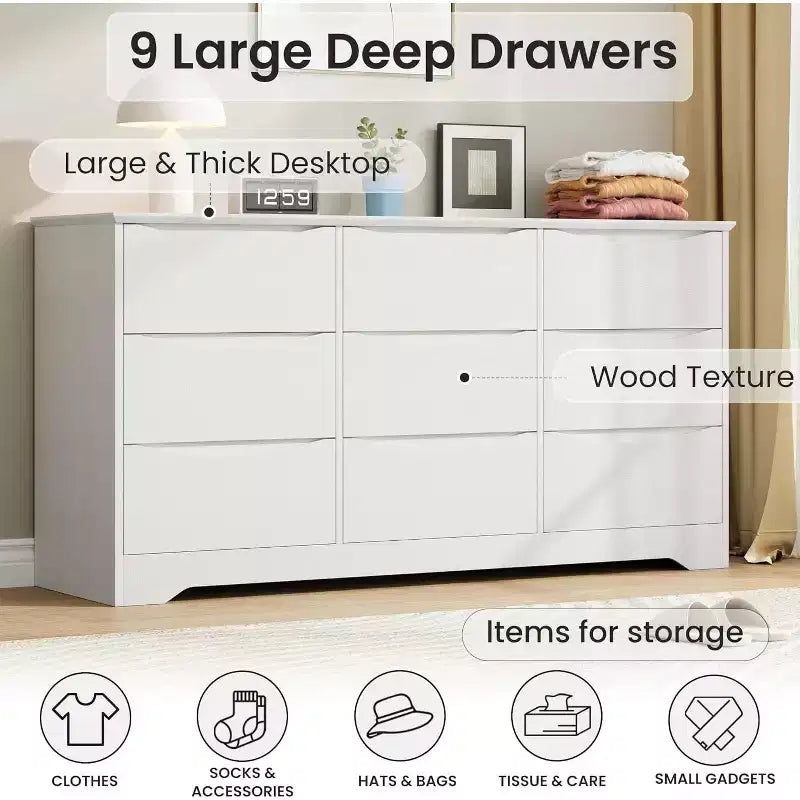 9 Drawer Dresser for Bedroom, 59W Wooden Chest of Drawers with Wide Top, Large Dresser TV Stand, Clothes Storage Organizer for Living Room