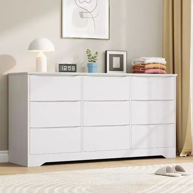 9 Drawer Dresser for Bedroom, 59W Wooden Chest of Drawers with Wide Top, Large Dresser TV Stand, Clothes Storage Organizer for Living Room