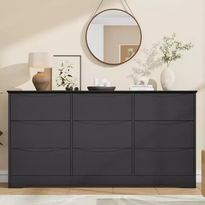 9 Drawer Dresser for Bedroom, 59W Wooden Chest of Drawers with Wide Top, Large Dresser TV Stand, Clothes Storage Organizer for Living Room