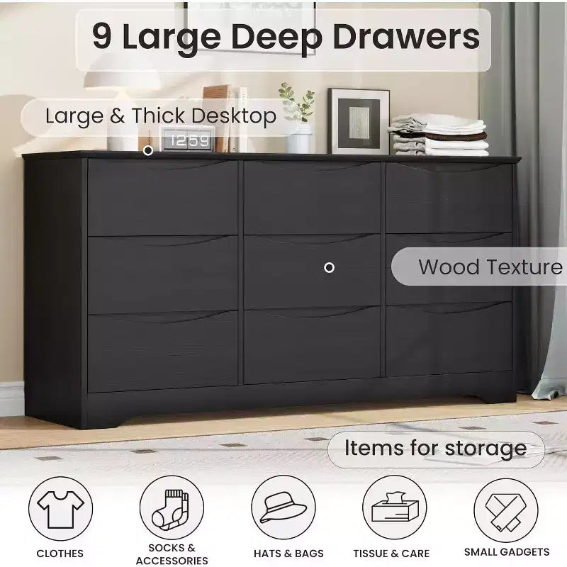 9 Drawer Dresser for Bedroom, 59W Wooden Chest of Drawers with Wide Top, Large Dresser TV Stand, Clothes Storage Organizer for Living Room