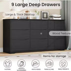 9 Drawer Dresser for Bedroom, 59W Wooden Chest of Drawers with Wide Top, Large Dresser TV Stand, Clothes Storage Organizer for Living Room
