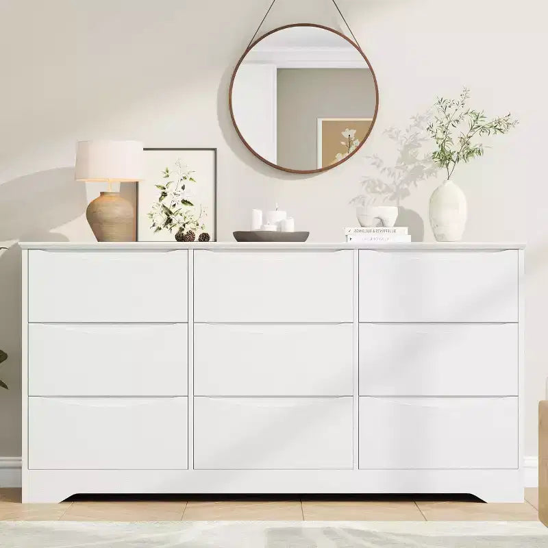 9 Drawer Dresser for Bedroom, 59W Wooden Chest of Drawers with Wide Top, Large Dresser TV Stand, Clothes Storage Organizer for Living Room