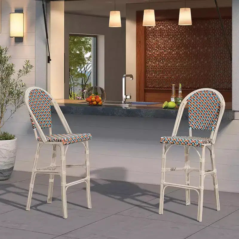 PURPLE LEAF French Bar Stool Set of 2 Patio Bar Stools with Back Rattan Chairs Wicker Bar Stool with Footrest Kitchen Island Stools Outdoor Barstool