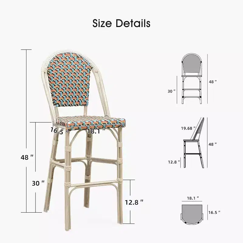 PURPLE LEAF French Bar Stool Set of 2 Patio Bar Stools with Back Rattan Chairs Wicker Bar Stool with Footrest Kitchen Island Stools Outdoor Barstool