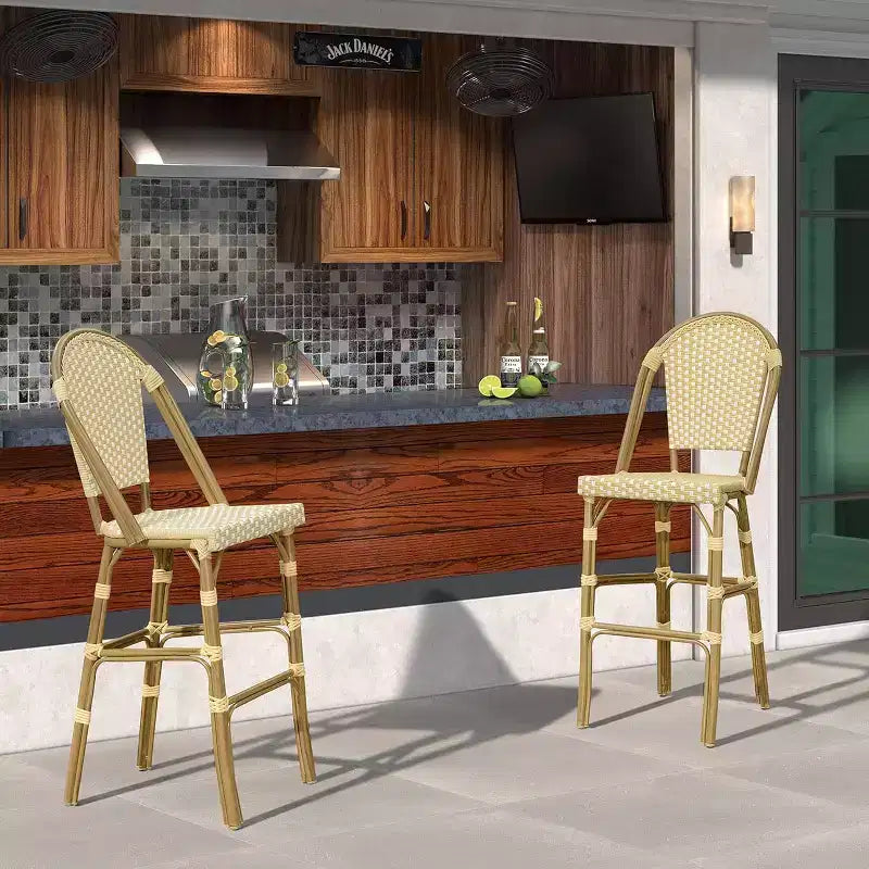 PURPLE LEAF French Bar Stool Set of 2 Patio Bar Stools with Back Rattan Chairs Wicker Bar Stool with Footrest Kitchen Island Stools Outdoor Barstool