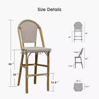 PURPLE LEAF French Bar Stool Set of 2 Patio Bar Stools with Back Rattan Chairs Wicker Bar Stool with Footrest Kitchen Island Stools Outdoor Barstool