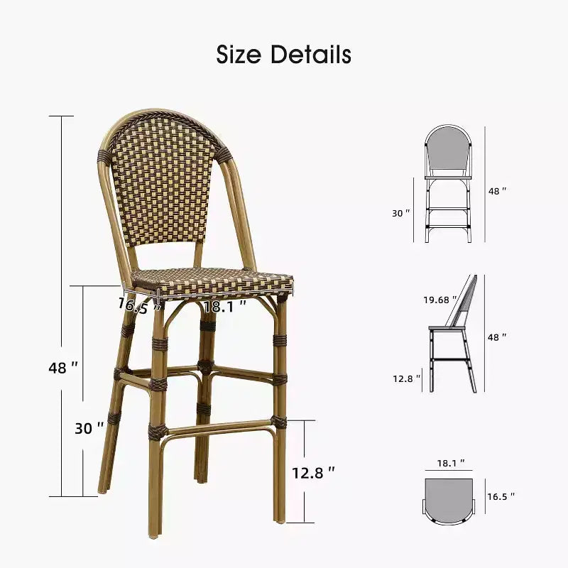 PURPLE LEAF French Bar Stool Set of 2 Patio Bar Stools with Back Rattan Chairs Wicker Bar Stool with Footrest Kitchen Island Stools Outdoor Barstool