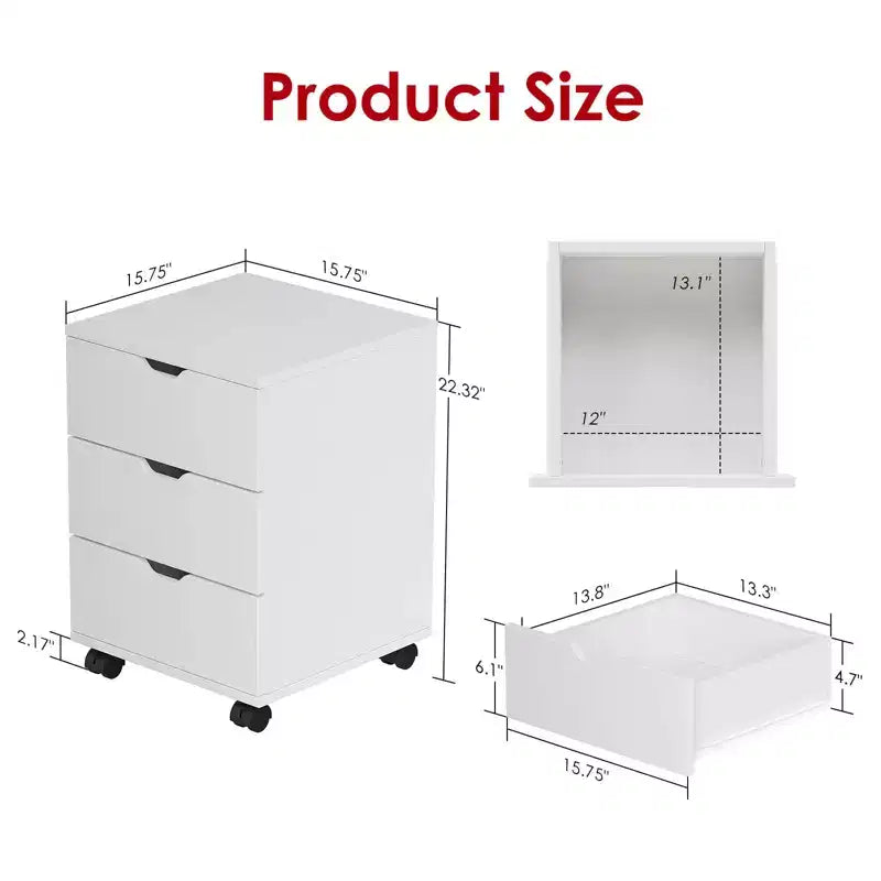 MAYEERTY 3 Drawers Vertical Filing Cabinet with Rolling Wood Mobile File Cabinets for Living Room White