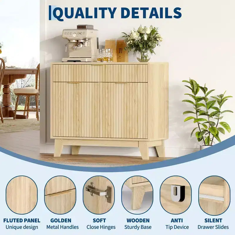 33 Sideboard Buffet Cabinet, Fluted Coffee Bar Cabinet with Gold Handles, Wooden Media Console Table, Accent Credenza for Living Room Kitchen Home
