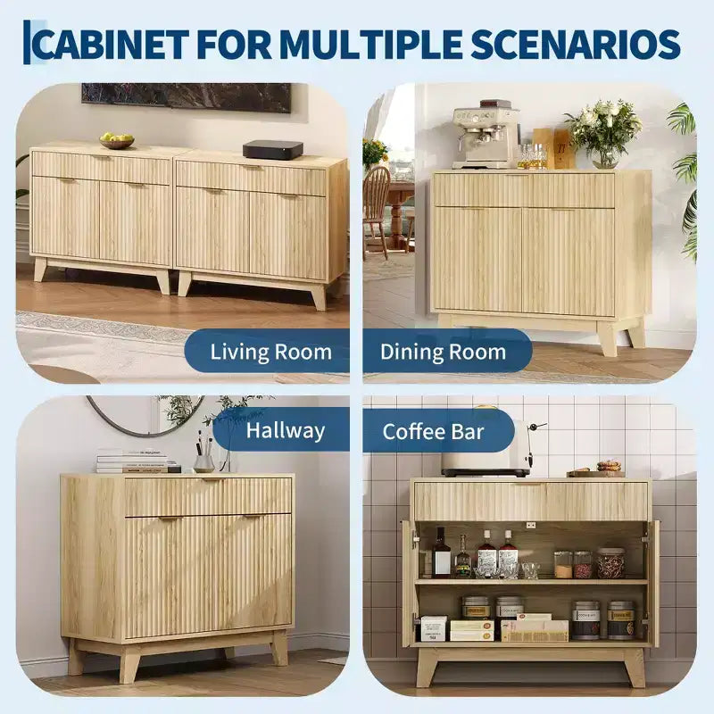 33 Sideboard Buffet Cabinet, Fluted Coffee Bar Cabinet with Gold Handles, Wooden Media Console Table, Accent Credenza for Living Room Kitchen Home