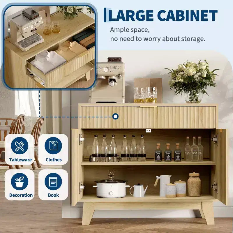 33 Sideboard Buffet Cabinet, Fluted Coffee Bar Cabinet with Gold Handles, Wooden Media Console Table, Accent Credenza for Living Room Kitchen Home