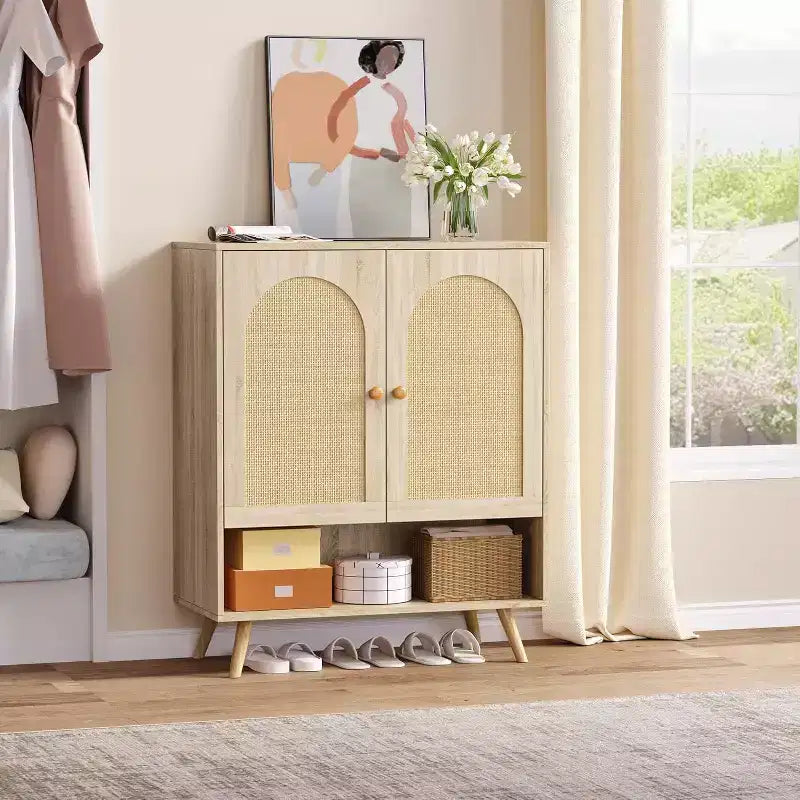 4-Tier Rattan Shoe Cabinet with Adjustable Shelf for Entryway, Freestanding Shoe Rack for Living Room, Dining Room
