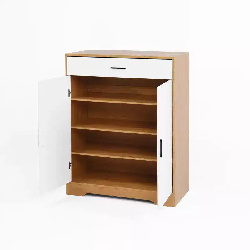JVNOXK Four-tier shoe rack, freestanding wooden shoe cabinet, featuring two white cabinet doors and adjustable shelves, ideal for entryways
