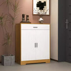 JVNOXK Four-tier shoe rack, freestanding wooden shoe cabinet, featuring two white cabinet doors and adjustable shelves, ideal for entryways