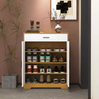 JVNOXK Four-tier shoe rack, freestanding wooden shoe cabinet, featuring two white cabinet doors and adjustable shelves, ideal for entryways