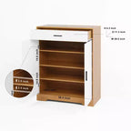 JVNOXK Four-tier shoe rack, freestanding wooden shoe cabinet, featuring two white cabinet doors and adjustable shelves, ideal for entryways