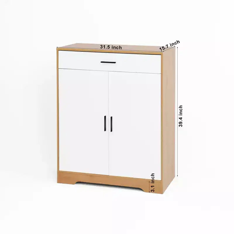 JVNOXK Four-tier shoe rack, freestanding wooden shoe cabinet, featuring two white cabinet doors and adjustable shelves, ideal for entryways