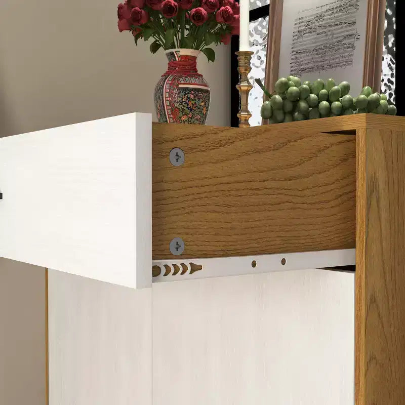 JVNOXK Four-tier shoe rack, freestanding wooden shoe cabinet, featuring two white cabinet doors and adjustable shelves, ideal for entryways