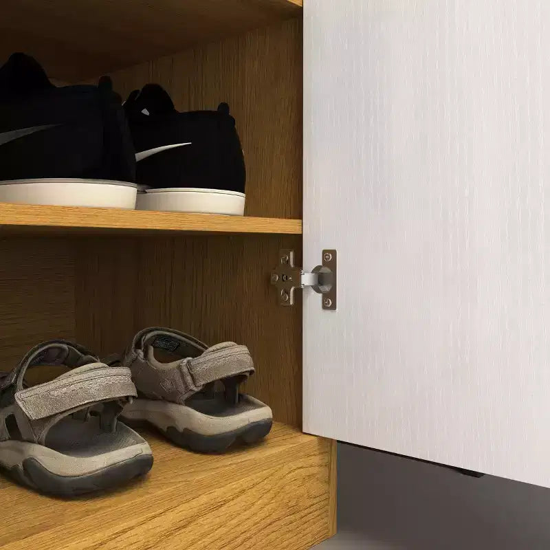 JVNOXK Four-tier shoe rack, freestanding wooden shoe cabinet, featuring two white cabinet doors and adjustable shelves, ideal for entryways