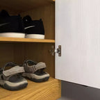 JVNOXK Four-tier shoe rack, freestanding wooden shoe cabinet, featuring two white cabinet doors and adjustable shelves, ideal for entryways