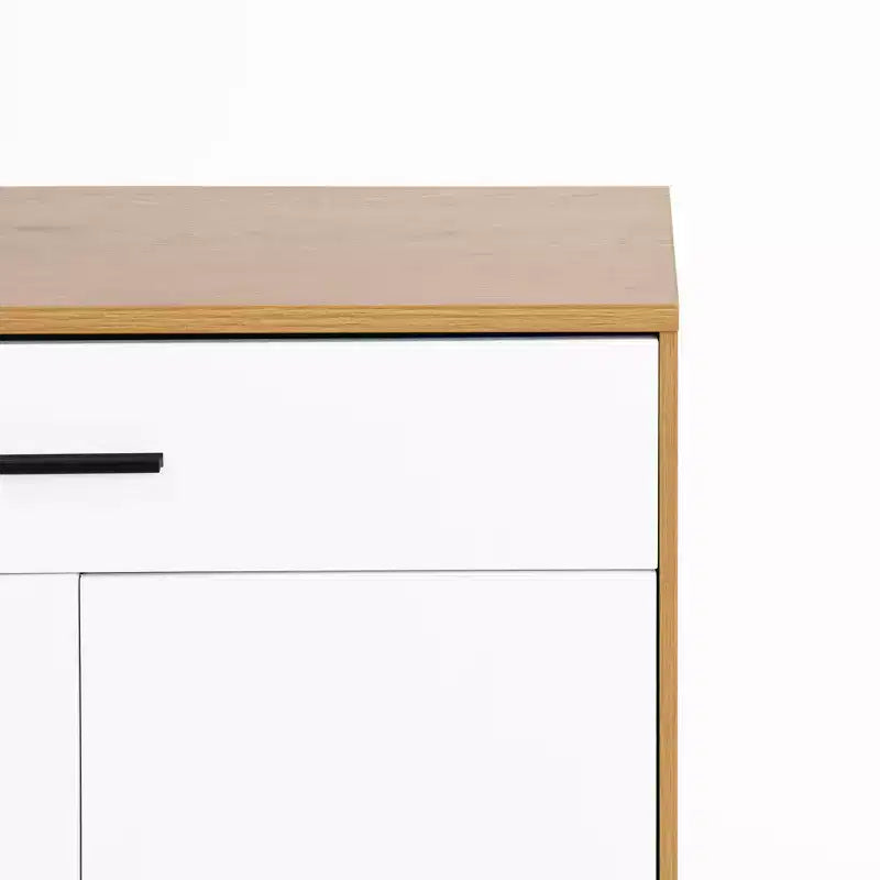 JVNOXK Four-tier shoe rack, freestanding wooden shoe cabinet, featuring two white cabinet doors and adjustable shelves, ideal for entryways