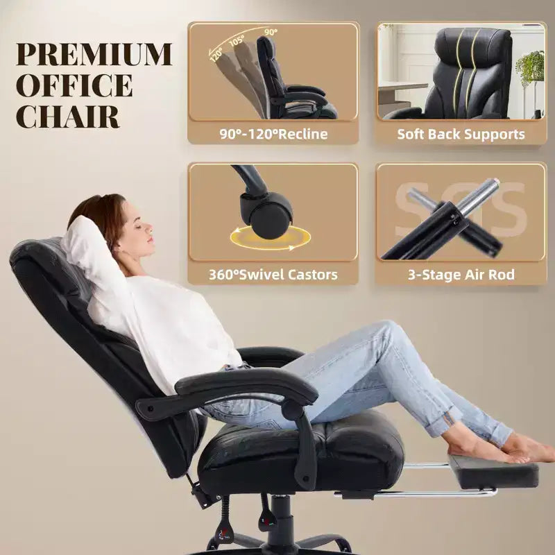 Office Desk Chair, 500 LBS Big and Tall Executive Chair with Footrest, 90-155 Recline Leather Gaming Chair