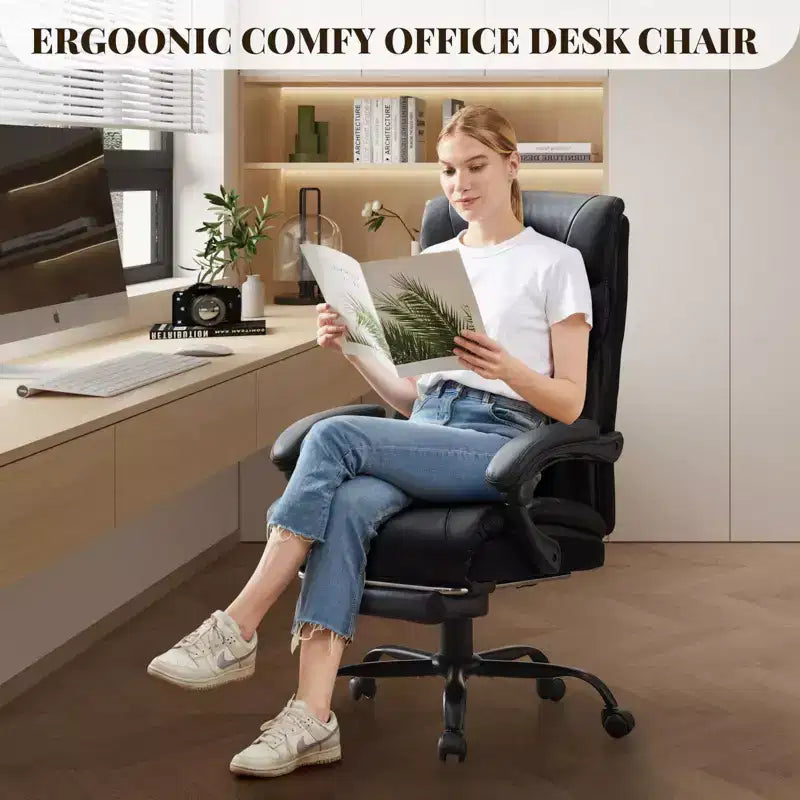 Office Desk Chair, 500 LBS Big and Tall Executive Chair with Footrest, 90-155 Recline Leather Gaming Chair