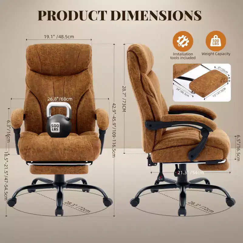 Office Desk Chair, 500 LBS Big and Tall Executive Chair with Footrest, 90-155 Recline Leather Gaming Chair