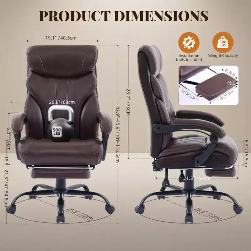 Office Desk Chair, 500 LBS Big and Tall Executive Chair with Footrest, 90-155 Recline Leather Gaming Chair