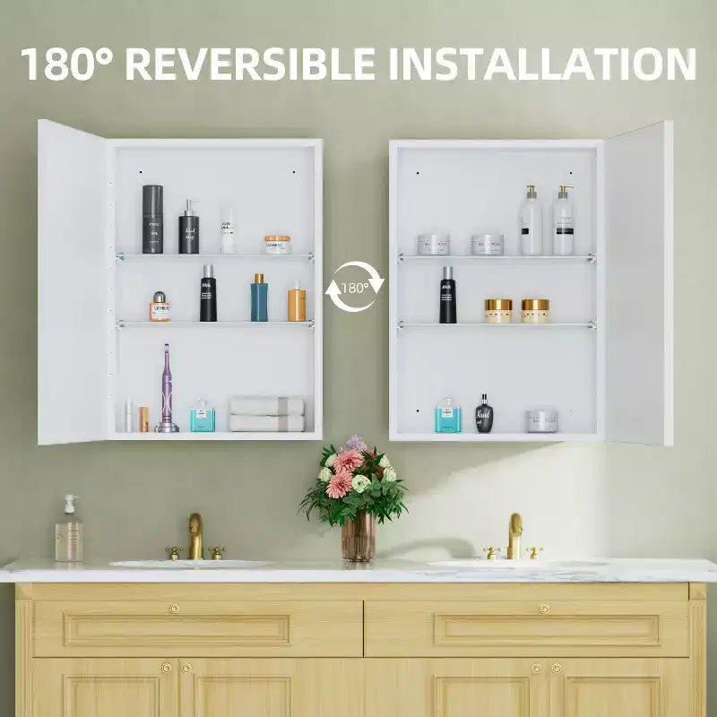 Elise Medicine Cabinet with Mirror, Surface or Recessed Bathroom Medicine Cabinet, Adjustable Tempered Glass Shelves, Reversible