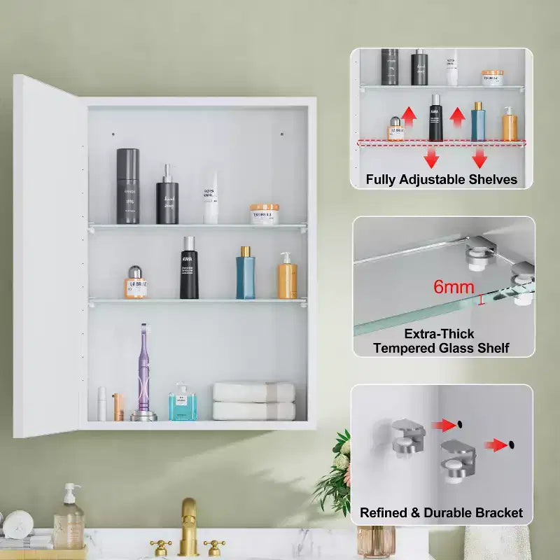 Elise Medicine Cabinet with Mirror, Surface or Recessed Bathroom Medicine Cabinet, Adjustable Tempered Glass Shelves, Reversible