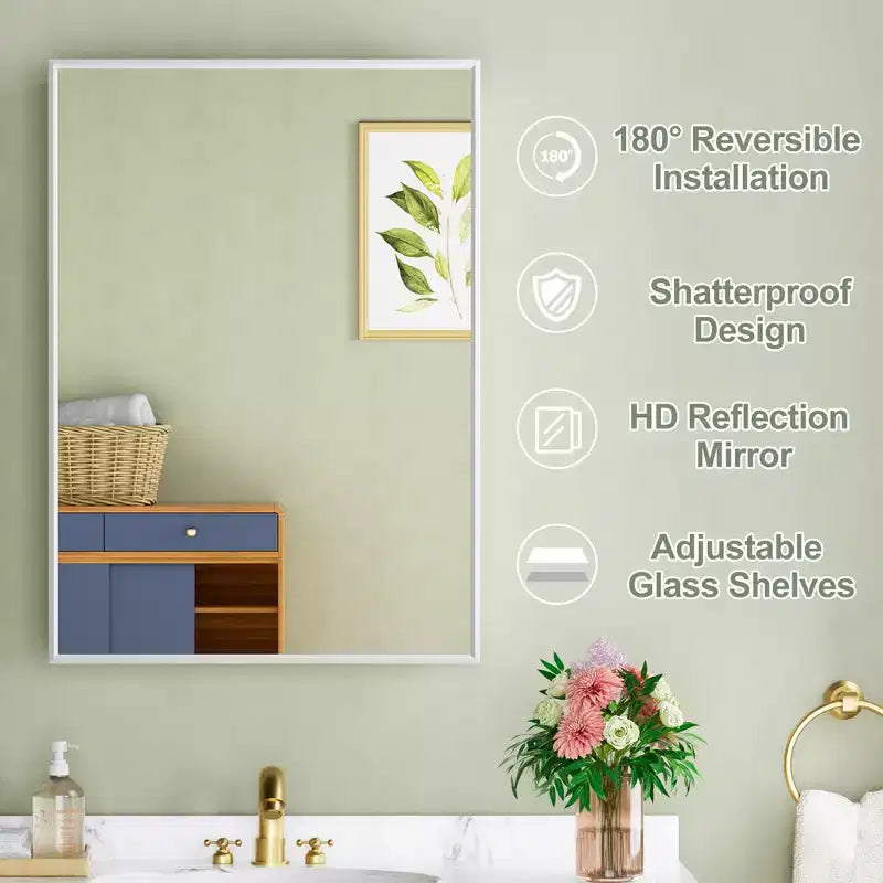 Elise Medicine Cabinet with Mirror, Surface or Recessed Bathroom Medicine Cabinet, Adjustable Tempered Glass Shelves, Reversible