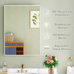 Elise Medicine Cabinet with Mirror, Surface or Recessed Bathroom Medicine Cabinet, Adjustable Tempered Glass Shelves, Reversible