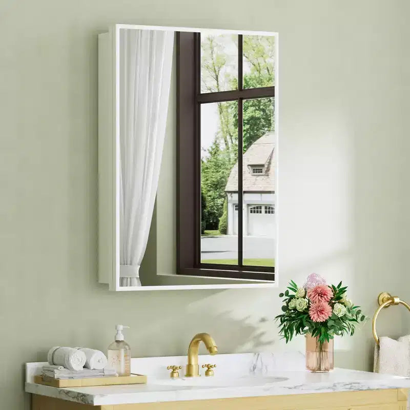 Elise Medicine Cabinet with Mirror, Surface or Recessed Bathroom Medicine Cabinet, Adjustable Tempered Glass Shelves, Reversible