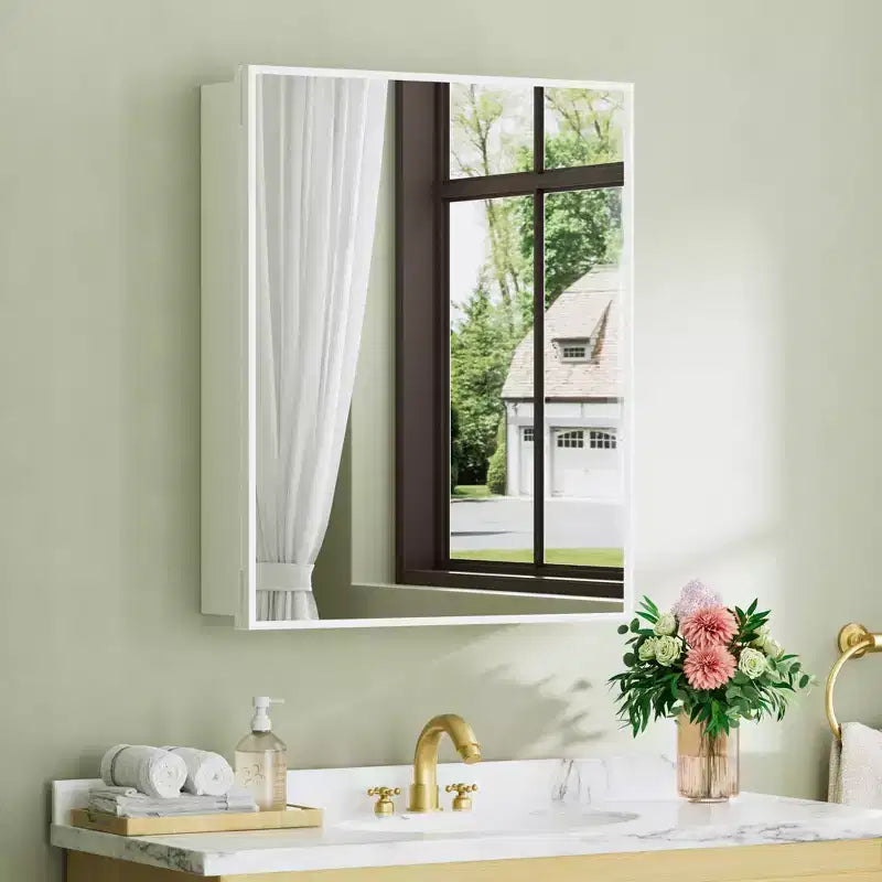 Elise Medicine Cabinet with Mirror, Surface or Recessed Bathroom Medicine Cabinet, Adjustable Tempered Glass Shelves, Reversible