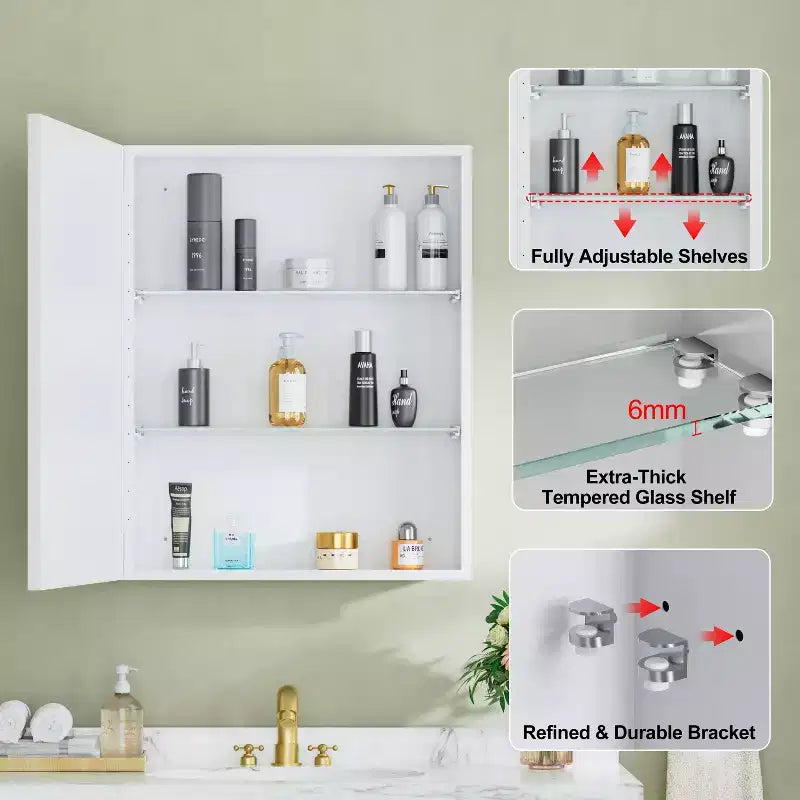 Elise Medicine Cabinet with Mirror, Surface or Recessed Bathroom Medicine Cabinet, Adjustable Tempered Glass Shelves, Reversible