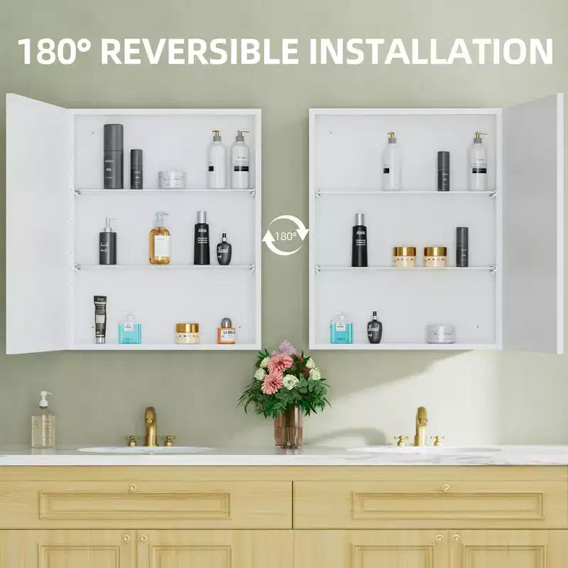 Elise Medicine Cabinet with Mirror, Surface or Recessed Bathroom Medicine Cabinet, Adjustable Tempered Glass Shelves, Reversible