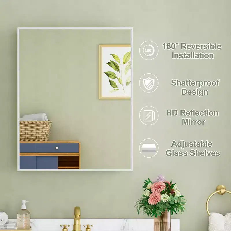 Elise Medicine Cabinet with Mirror, Surface or Recessed Bathroom Medicine Cabinet, Adjustable Tempered Glass Shelves, Reversible