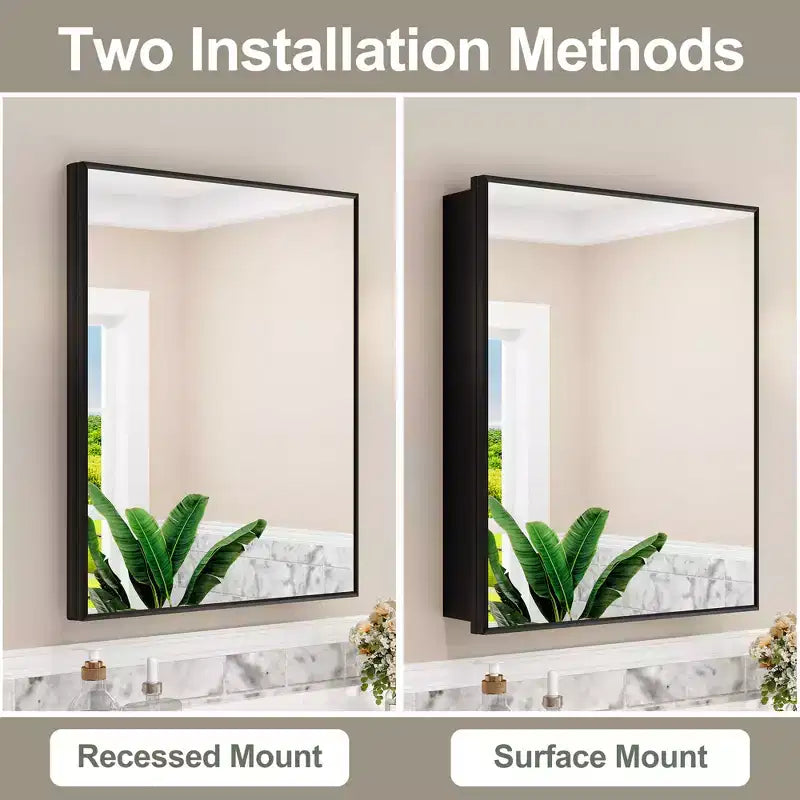 Elise Medicine Cabinet with Mirror, Surface or Recessed Bathroom Medicine Cabinet, Adjustable Tempered Glass Shelves, Reversible