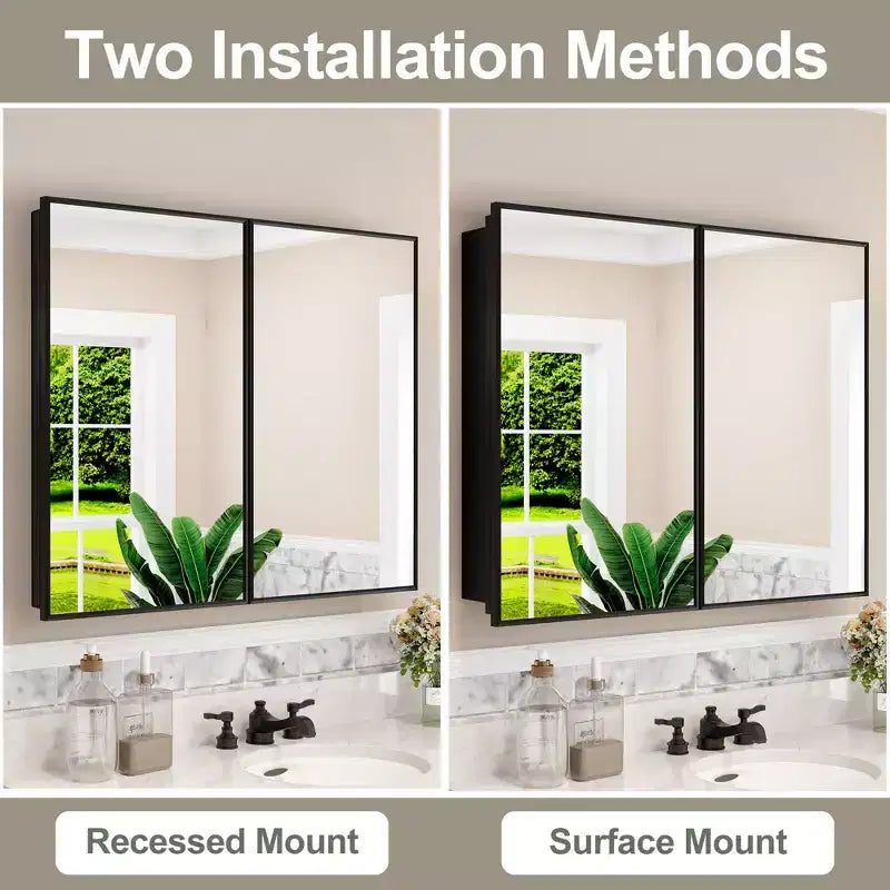 Elise Medicine Cabinet with Mirror, Surface or Recessed Bathroom Medicine Cabinet, Adjustable Tempered Glass Shelves, Reversible
