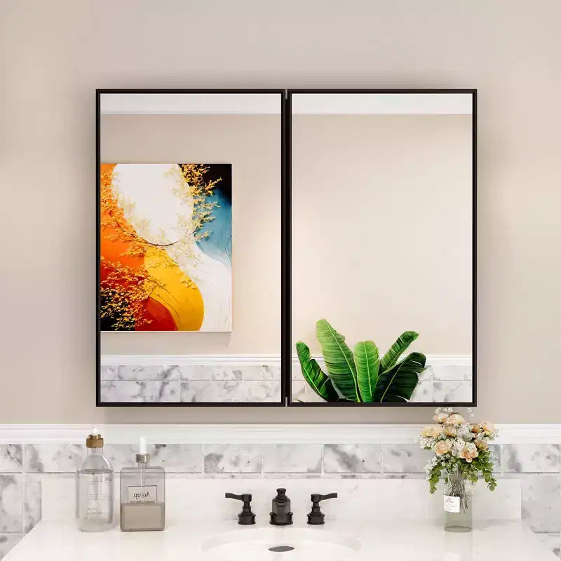 Elise Medicine Cabinet with Mirror, Surface or Recessed Bathroom Medicine Cabinet, Adjustable Tempered Glass Shelves, Reversible
