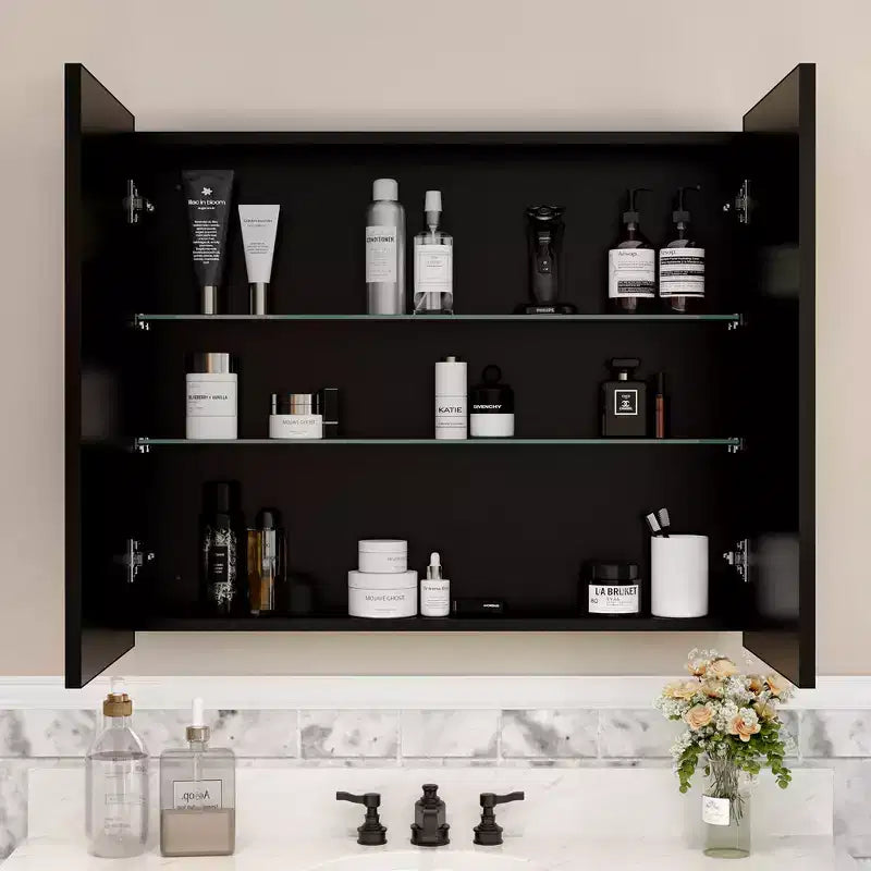 Elise Medicine Cabinet with Mirror, Surface or Recessed Bathroom Medicine Cabinet, Adjustable Tempered Glass Shelves, Reversible