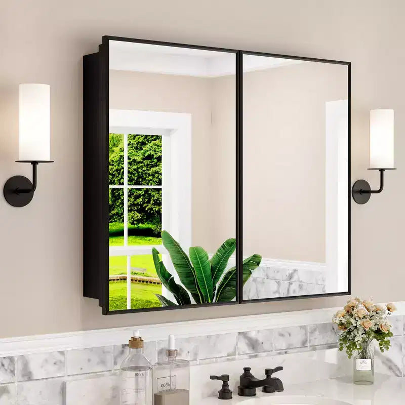 Elise Medicine Cabinet with Mirror, Surface or Recessed Bathroom Medicine Cabinet, Adjustable Tempered Glass Shelves, Reversible