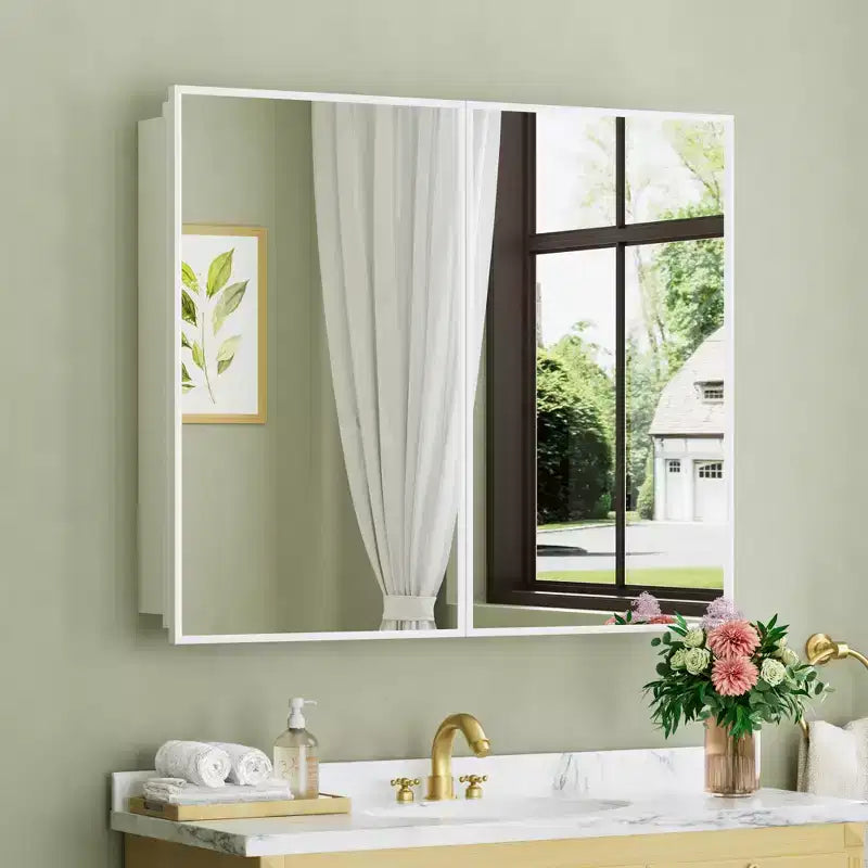 Elise Medicine Cabinet with Mirror, Surface or Recessed Bathroom Medicine Cabinet, Adjustable Tempered Glass Shelves, Reversible