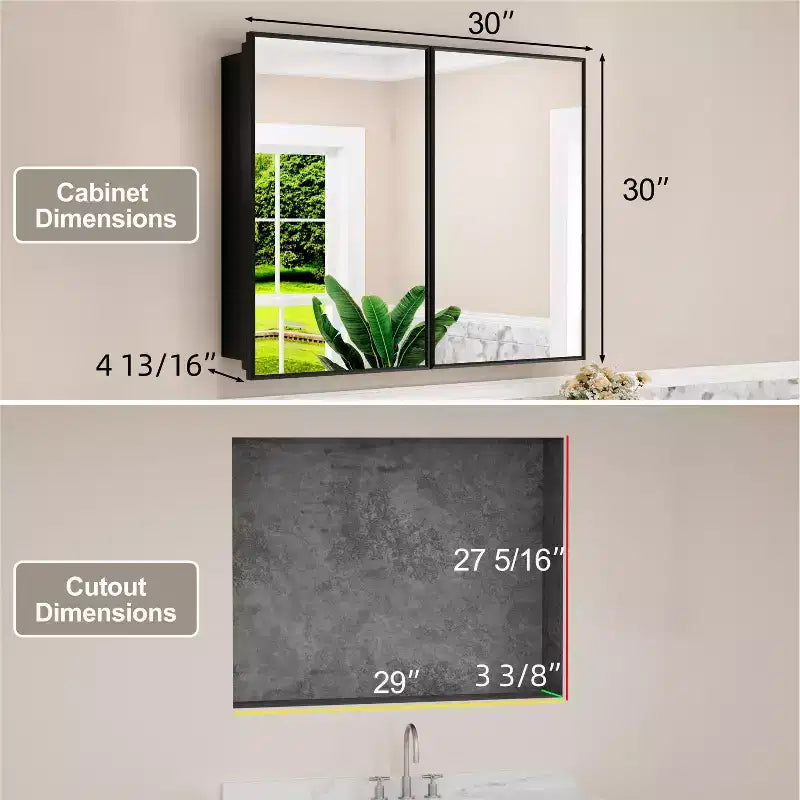 Elise Medicine Cabinet with Mirror, Surface or Recessed Bathroom Medicine Cabinet, Adjustable Tempered Glass Shelves, Reversible