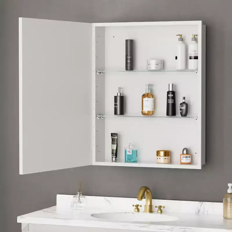 Elise Medicine Cabinet with Mirror, Surface or Recessed Bathroom Medicine Cabinet, Adjustable Tempered Glass Shelves, Reversible